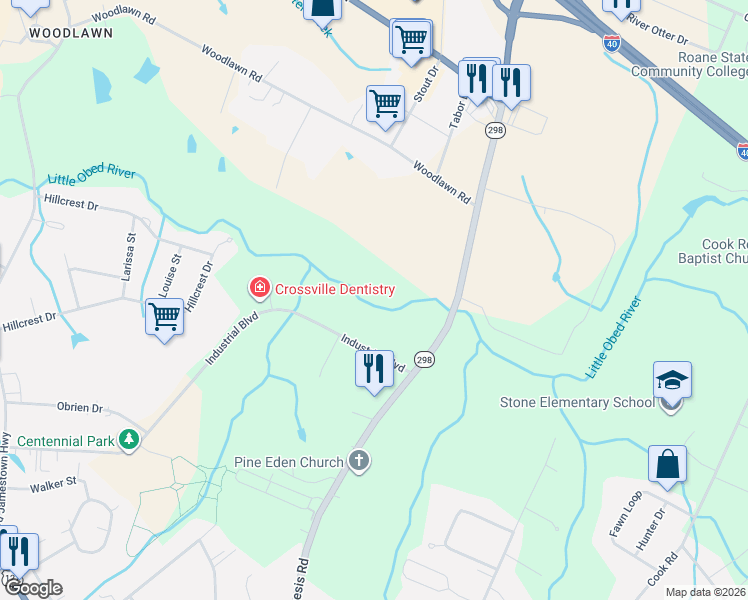 map of restaurants, bars, coffee shops, grocery stores, and more near in Crossville
