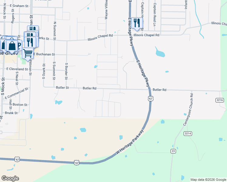 map of restaurants, bars, coffee shops, grocery stores, and more near 801 Butler Road in Prairie Grove