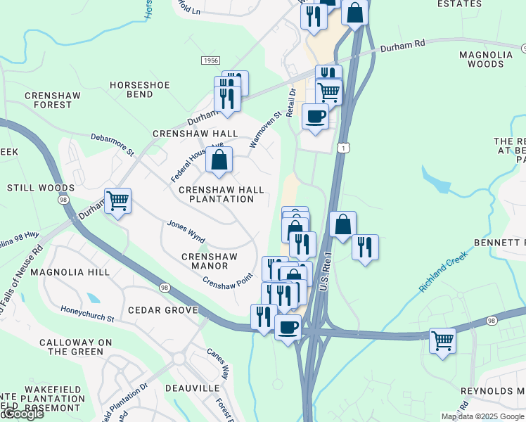 map of restaurants, bars, coffee shops, grocery stores, and more near 1420 Loghouse Street in Wake Forest