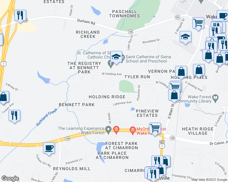 map of restaurants, bars, coffee shops, grocery stores, and more near 532 Rodney Bay Crossing in Wake Forest