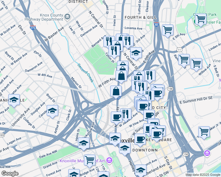 map of restaurants, bars, coffee shops, grocery stores, and more near 410 Cooper Street in Knoxville