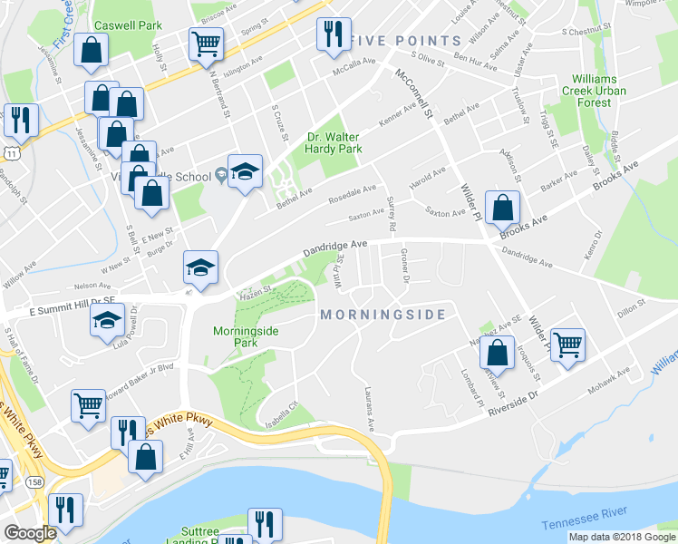 map of restaurants, bars, coffee shops, grocery stores, and more near 718 Witt Place Southeast in Knoxville