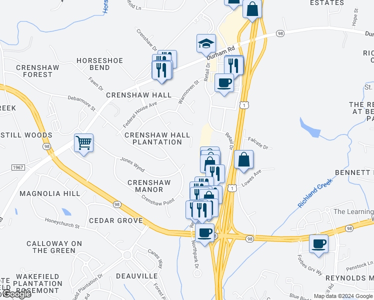 map of restaurants, bars, coffee shops, grocery stores, and more near 1420 Loghouse Street in Wake Forest