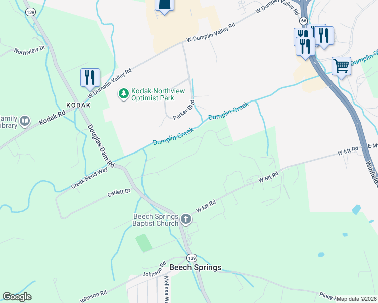 map of restaurants, bars, coffee shops, grocery stores, and more near 165 Clear Creek Way in Kodak
