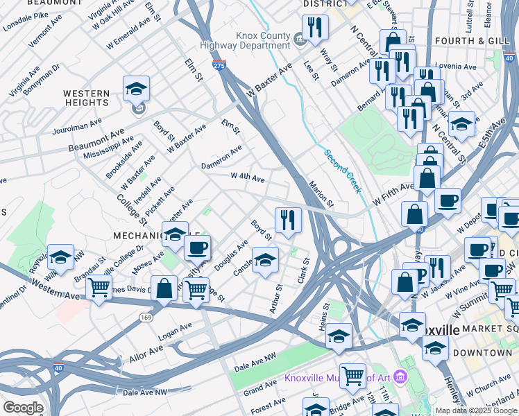 map of restaurants, bars, coffee shops, grocery stores, and more near 1100 University Avenue in Knoxville