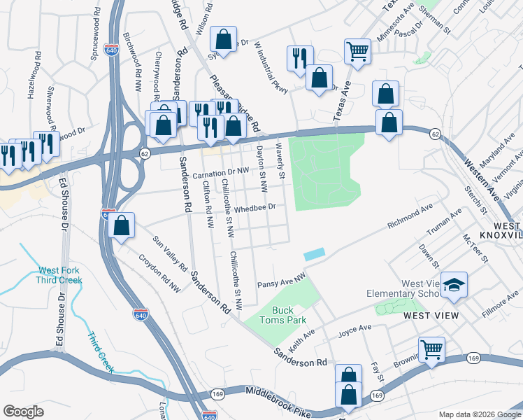 map of restaurants, bars, coffee shops, grocery stores, and more near 2523 Dayton St in Knoxville