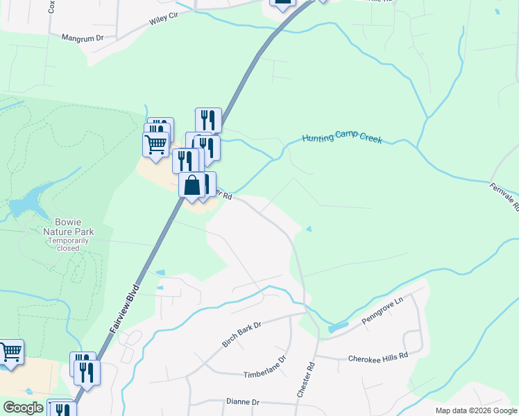 map of restaurants, bars, coffee shops, grocery stores, and more near 7195 Chester Road in Fairview