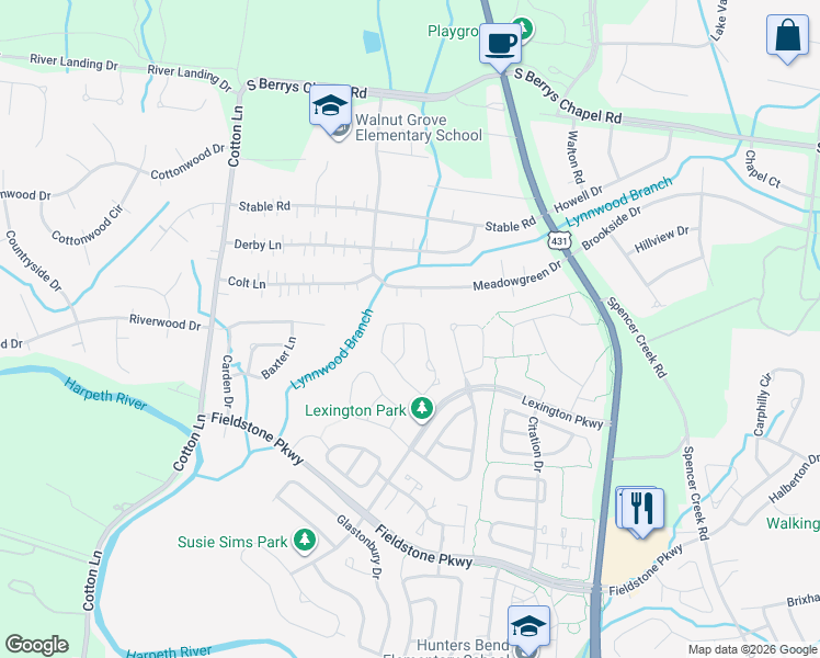 map of restaurants, bars, coffee shops, grocery stores, and more near 2302 Wimbledon Cir in Franklin