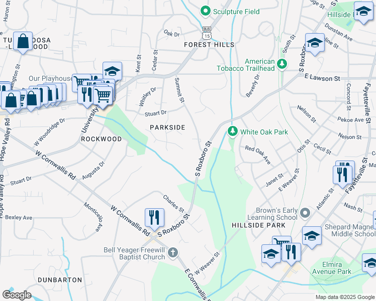 map of restaurants, bars, coffee shops, grocery stores, and more near 2100 Meade Lane in Durham