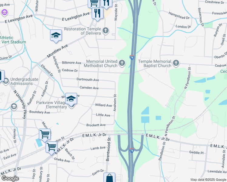 map of restaurants, bars, coffee shops, grocery stores, and more near 1320 Camden Avenue in High Point