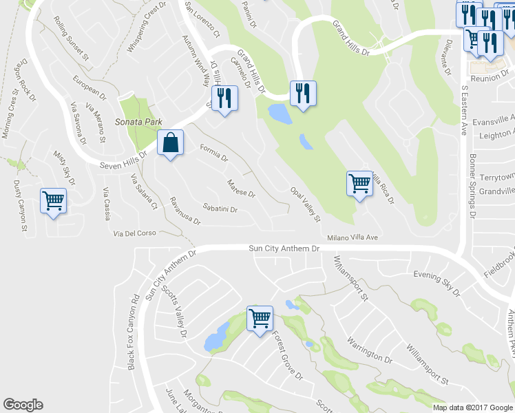 map of restaurants, bars, coffee shops, grocery stores, and more near 2889 Matese Drive in Henderson