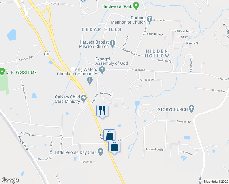 map of restaurants, bars, coffee shops, grocery stores, and more near 3153 Ivey Wood Lane in Durham