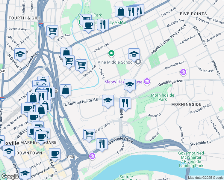 map of restaurants, bars, coffee shops, grocery stores, and more near 305 Mee Street Southeast in Knoxville