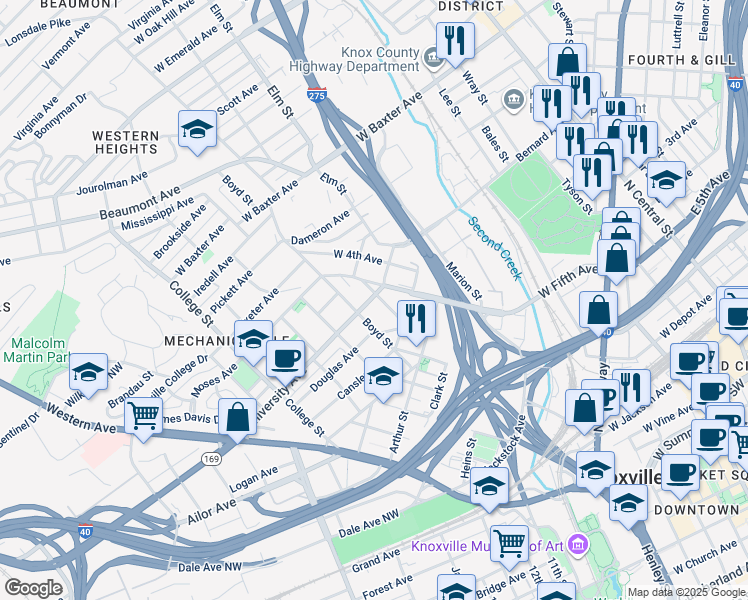 map of restaurants, bars, coffee shops, grocery stores, and more near 1100 University Avenue in Knoxville