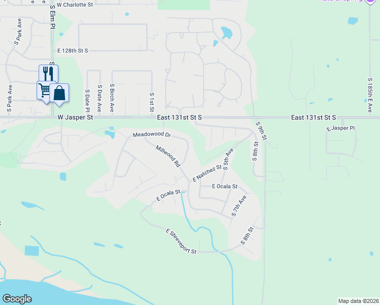map of restaurants, bars, coffee shops, grocery stores, and more near 521 Meadowood Drive in Broken Arrow