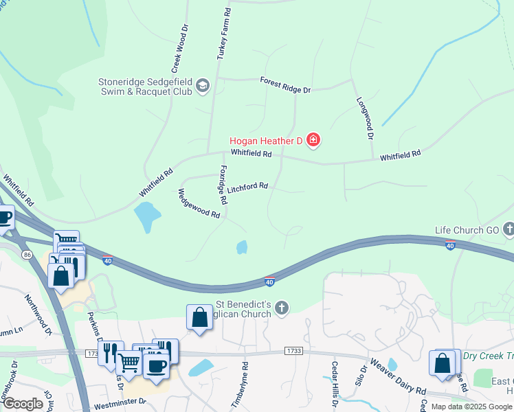 map of restaurants, bars, coffee shops, grocery stores, and more near 8 Sedgewood Road in Chapel Hill