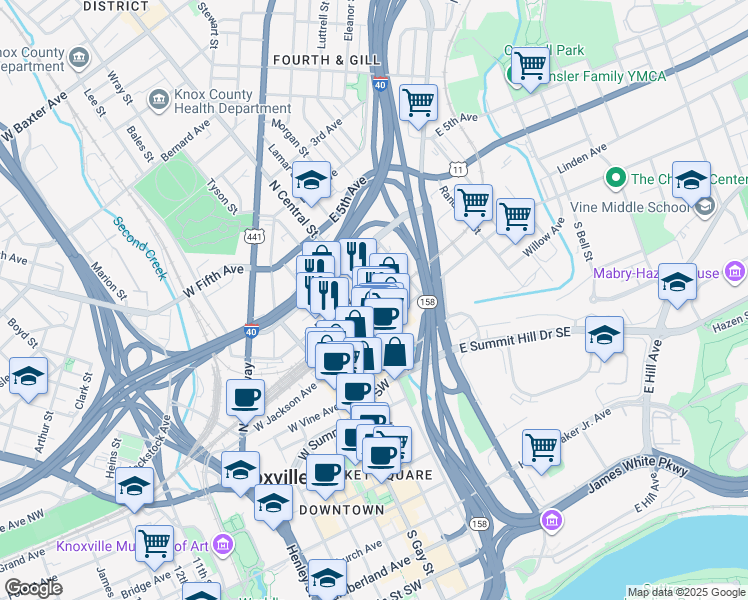 map of restaurants, bars, coffee shops, grocery stores, and more near 222 North Central Street in Knoxville