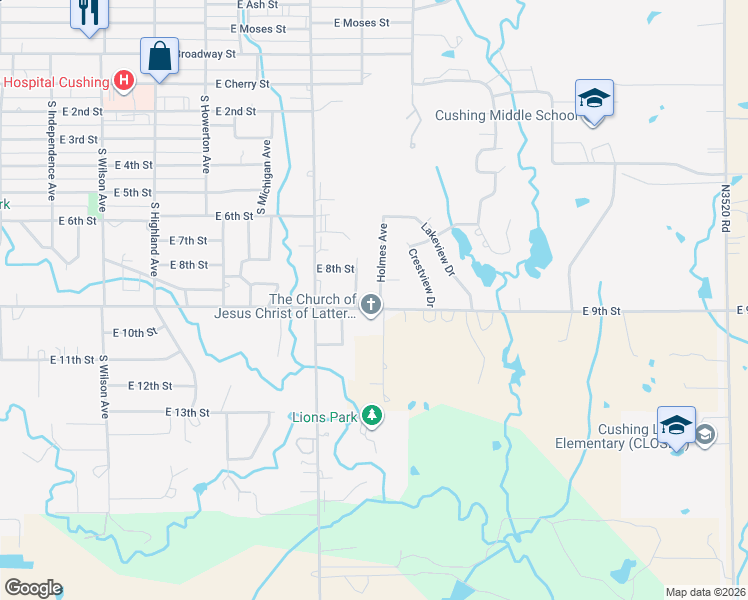 map of restaurants, bars, coffee shops, grocery stores, and more near 927 Holmes Avenue in Cushing
