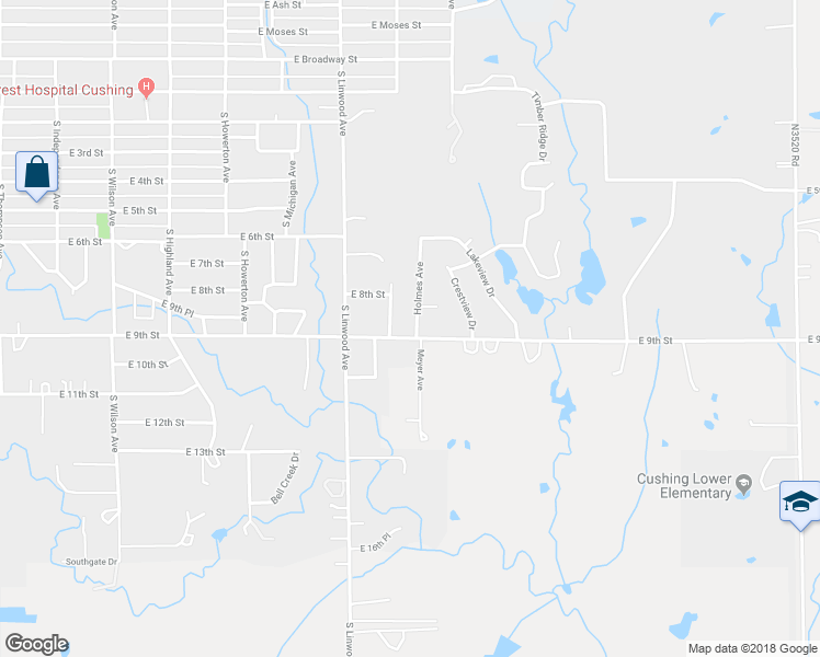 map of restaurants, bars, coffee shops, grocery stores, and more near 927 Holmes Avenue in Cushing