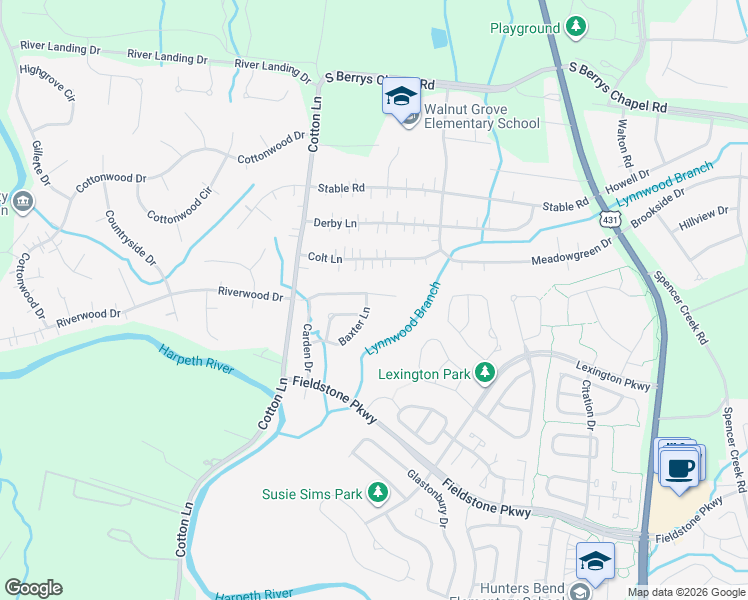 map of restaurants, bars, coffee shops, grocery stores, and more near 2055 Baxter Lane in Franklin