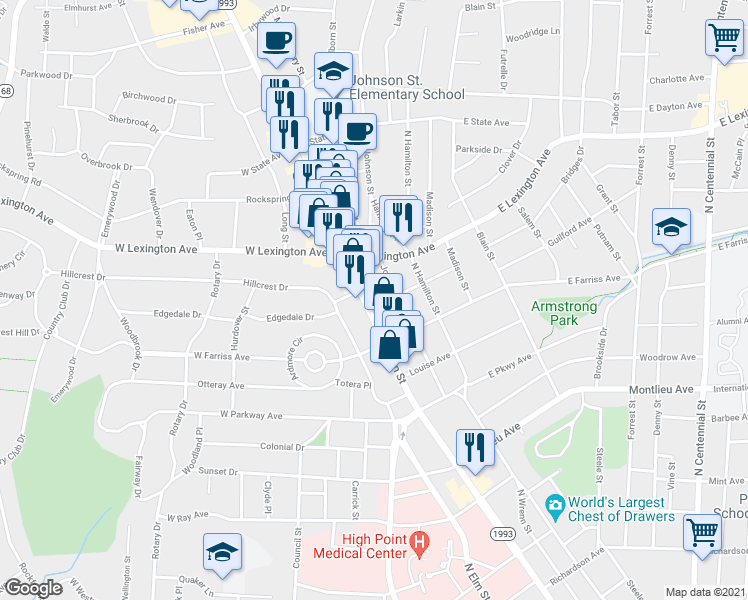 map of restaurants, bars, coffee shops, grocery stores, and more near 1232 North Main Street in High Point