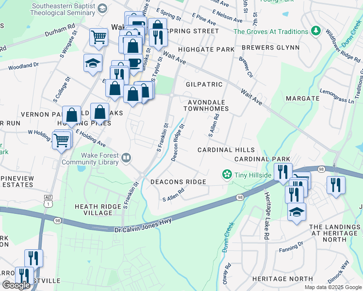 map of restaurants, bars, coffee shops, grocery stores, and more near 605 Torry Hill Court in Wake Forest