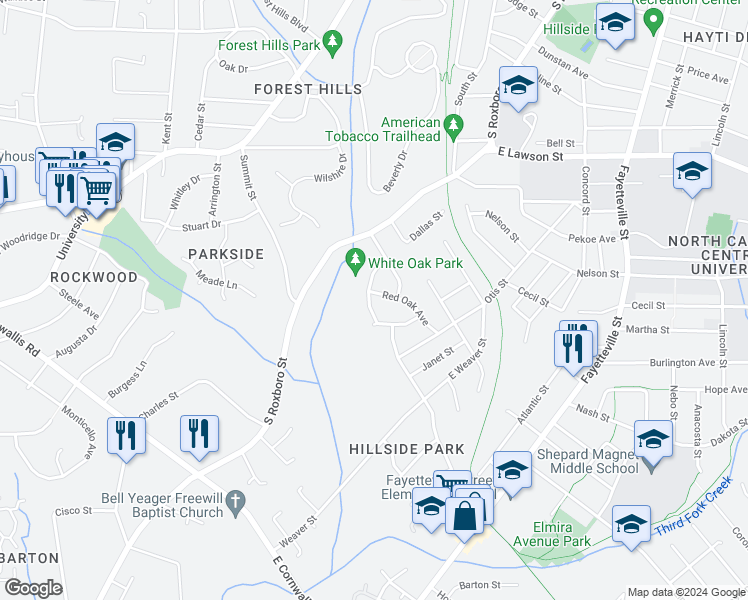 map of restaurants, bars, coffee shops, grocery stores, and more near 2501 Dallas Street in Durham