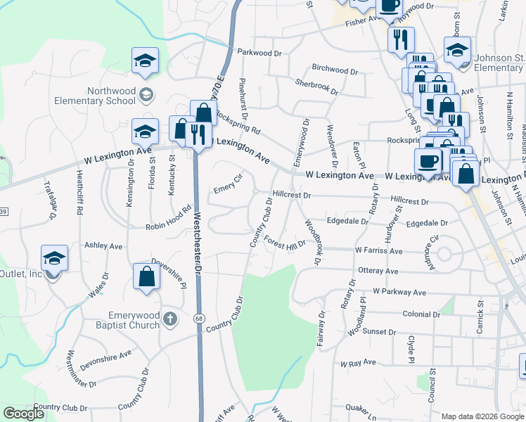 map of restaurants, bars, coffee shops, grocery stores, and more near 1009 Country Club Drive in High Point