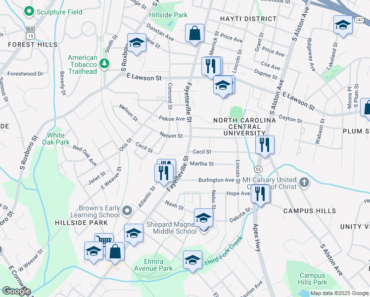 map of restaurants, bars, coffee shops, grocery stores, and more near 2224 Fayetteville Street in Durham