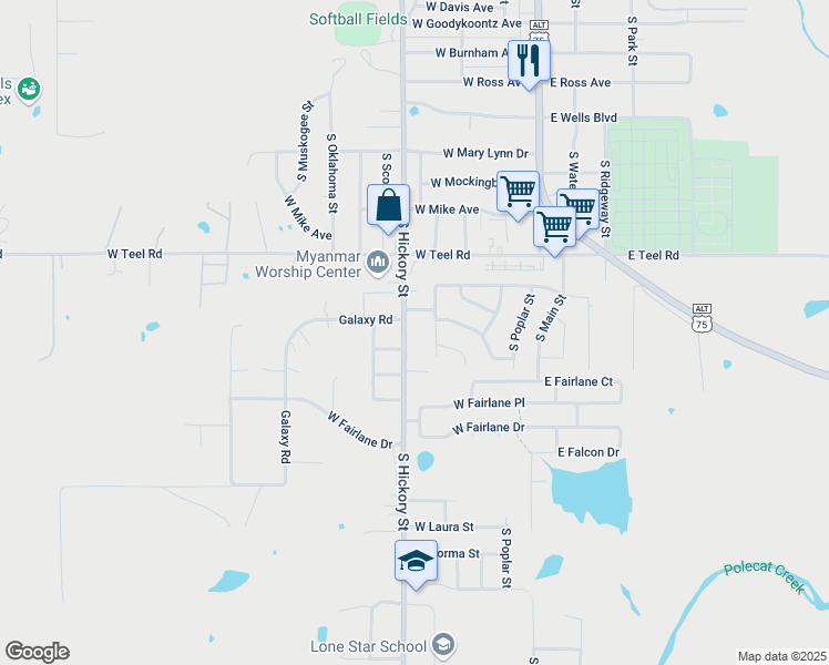map of restaurants, bars, coffee shops, grocery stores, and more near 2325 S Hickory St in Sapulpa