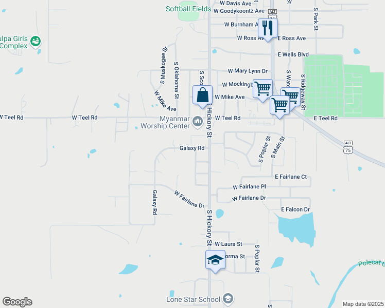 map of restaurants, bars, coffee shops, grocery stores, and more near 2410 South Independence Street in Sapulpa