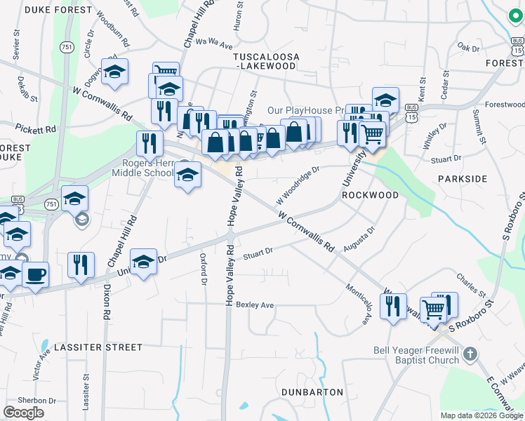 map of restaurants, bars, coffee shops, grocery stores, and more near 701 West Cornwallis Road in Durham