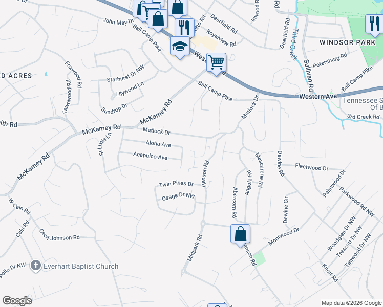 map of restaurants, bars, coffee shops, grocery stores, and more near 4501 Lynnmont Road in Knoxville