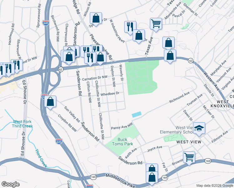 map of restaurants, bars, coffee shops, grocery stores, and more near 2523 Dayton Street in Knoxville