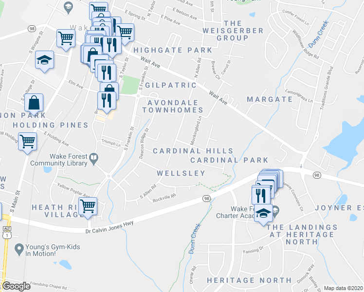 map of restaurants, bars, coffee shops, grocery stores, and more near 716 Quail Avenue in Wake Forest