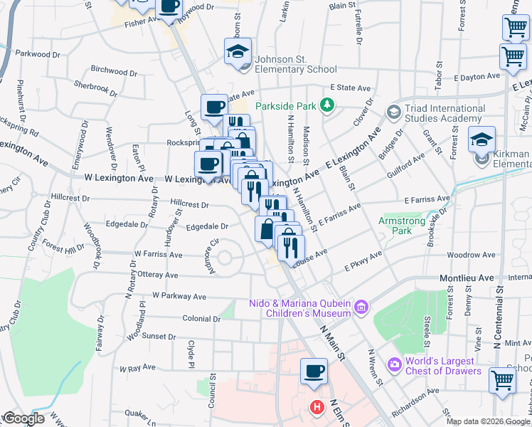 map of restaurants, bars, coffee shops, grocery stores, and more near 1232 North Main Street in High Point