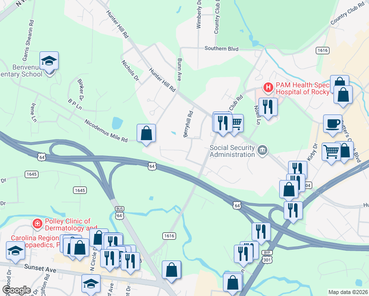 map of restaurants, bars, coffee shops, grocery stores, and more near 1604 Oak Bend Road in Rocky Mount