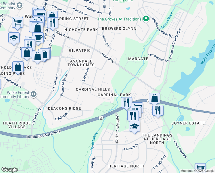 map of restaurants, bars, coffee shops, grocery stores, and more near 918 Nuthatch Court in Wake Forest