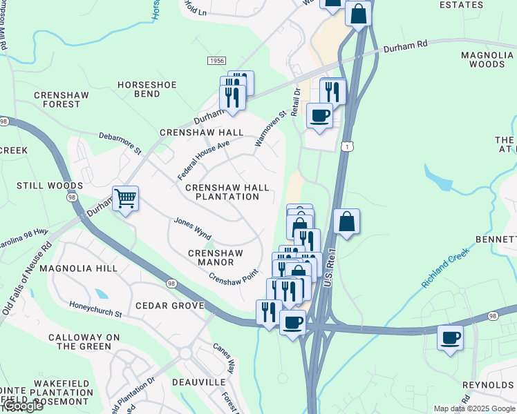 map of restaurants, bars, coffee shops, grocery stores, and more near 1013 Sawnwork Court in Wake Forest