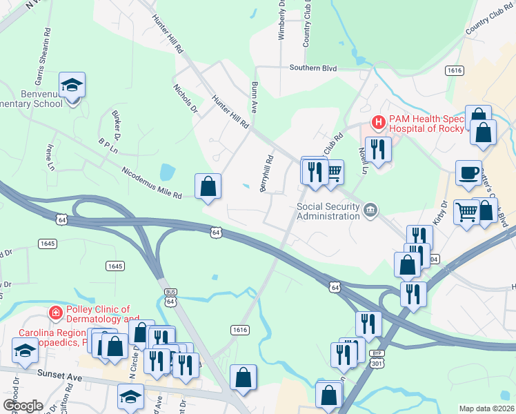 map of restaurants, bars, coffee shops, grocery stores, and more near 1604 Oak Bend Road in Rocky Mount