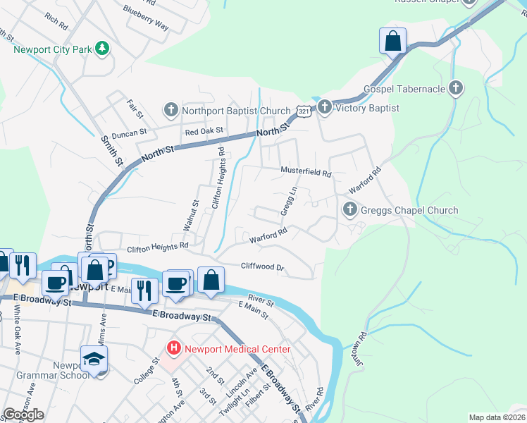map of restaurants, bars, coffee shops, grocery stores, and more near 655 North Cecil Street in Newport