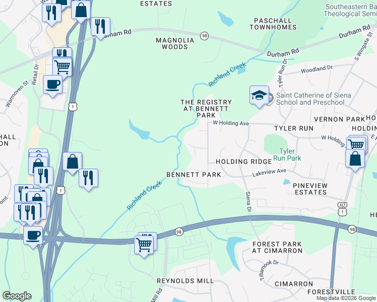 map of restaurants, bars, coffee shops, grocery stores, and more near 729 Bennett Ridge Court in Wake Forest