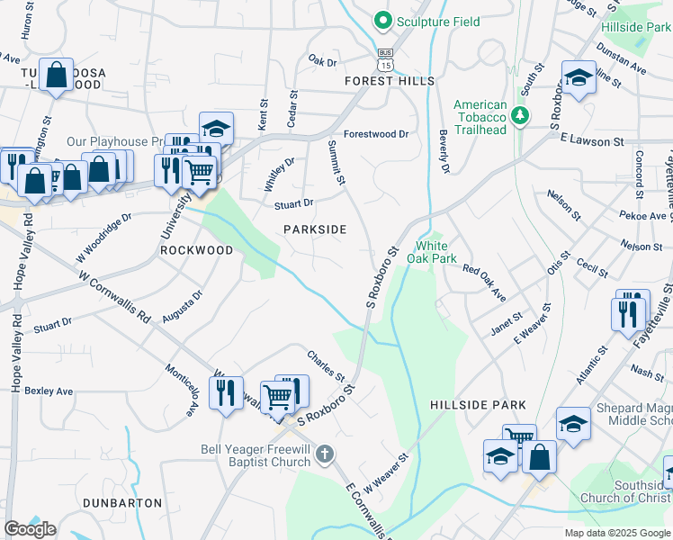 map of restaurants, bars, coffee shops, grocery stores, and more near 2105 Meade Lane in Durham