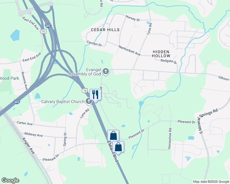 map of restaurants, bars, coffee shops, grocery stores, and more near 3153 Ivey Wood Ln in Durham