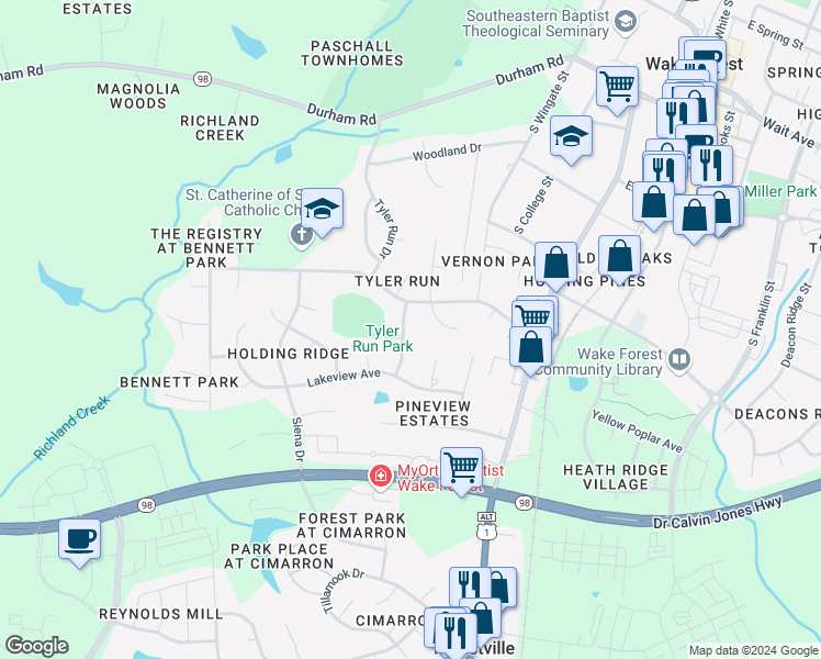 map of restaurants, bars, coffee shops, grocery stores, and more near 825 Pineview Drive in Wake Forest