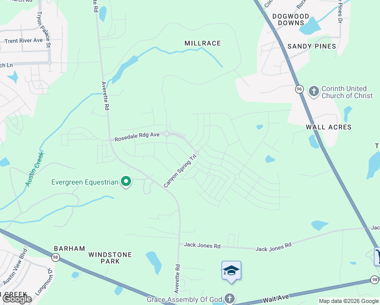 map of restaurants, bars, coffee shops, grocery stores, and more near 1720 Averette Road in Wake Forest