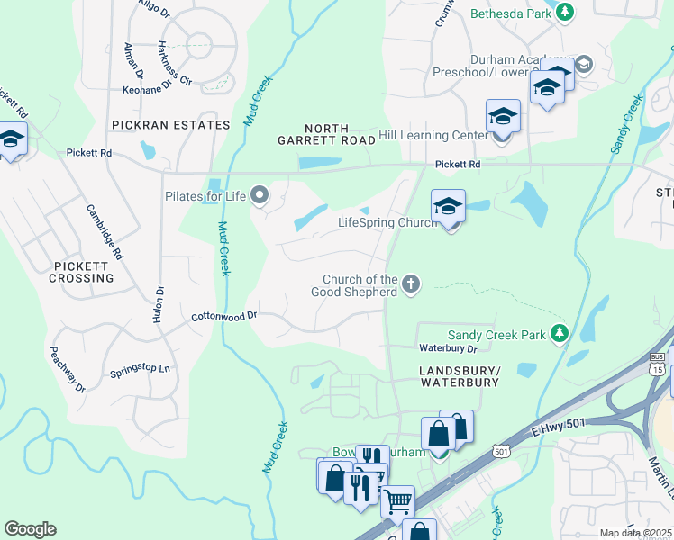 map of restaurants, bars, coffee shops, grocery stores, and more near 32 Porchlight Court in Durham