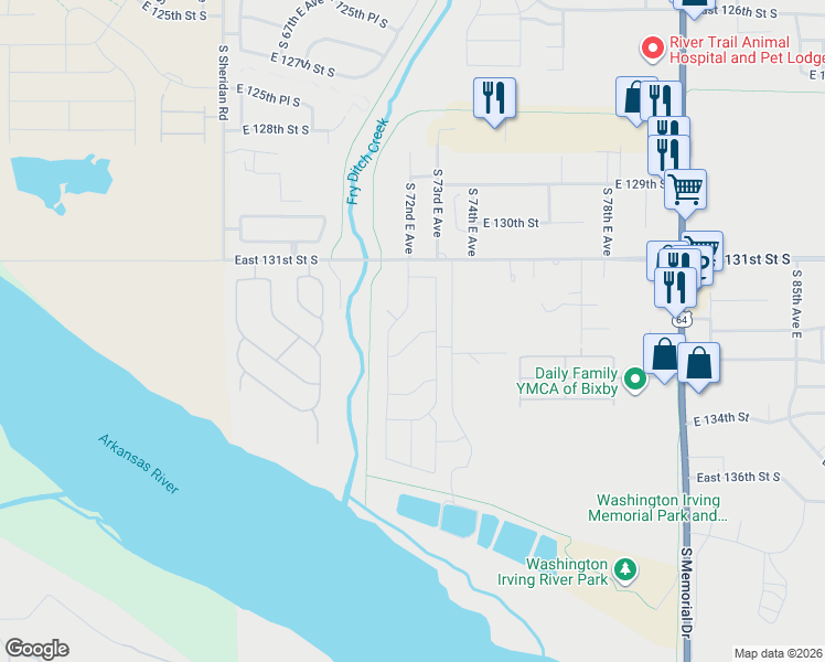 map of restaurants, bars, coffee shops, grocery stores, and more near 9 South 73rd East Avenue in Bixby