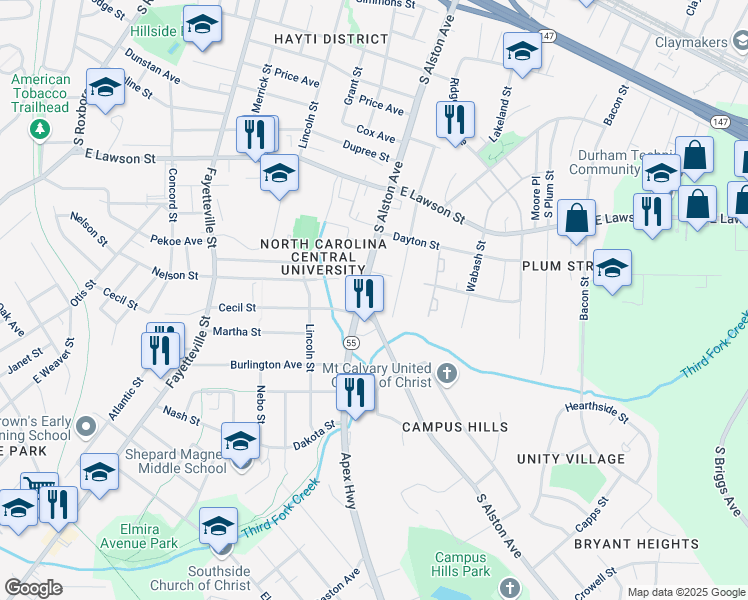 map of restaurants, bars, coffee shops, grocery stores, and more near 1513 South Alston Avenue in Durham
