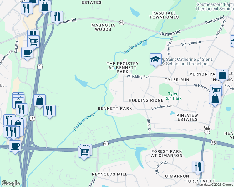 map of restaurants, bars, coffee shops, grocery stores, and more near 713 Bennett Ridge Court in Wake Forest